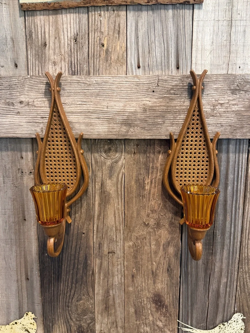 Pair of Vintage BOHO Homco faux-rattan Amber Glass Wall Sconces
